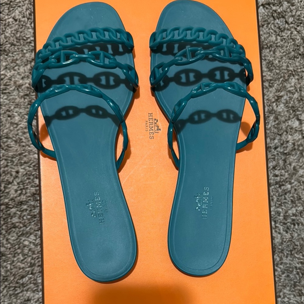 Hermes Teal Chain-Strap Slide Sandals